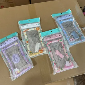 Set of four colorful waterproof phone pouches with cartoon patterns and neck lanyards