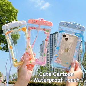 Waterproof cartoon phone pouch with neck strap and air cushion in yellow pink blue