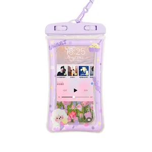 Waterproof phone pouch with sweet cartoon sheep illustration and purple lanyard neck strap