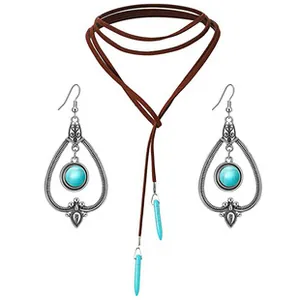 Close-up of bohemian earrings with teardrop hollow design and blue turquoise stone