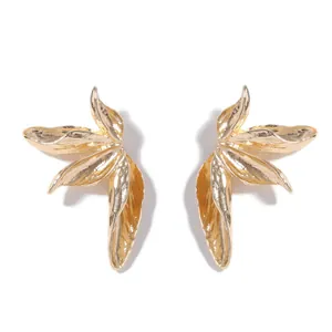 Retro golden alloy maple leaf stud earrings with detailed plant texture for women
