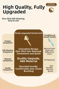 Detail comparison showing ABS ergonomic handle and one-button self-cleaning pet brush features