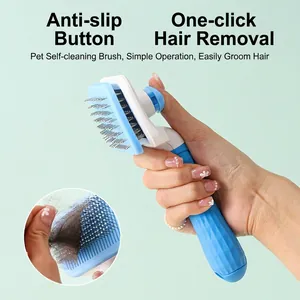 Self-cleaning pet brush for cats with ergonomic anti-slip handle and one-click hair removal