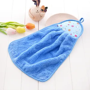 Blue coral velvet hanging hand towel with apple print for kitchen or bathroom use