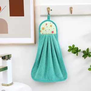 Mint green hanging coral fleece hand towel with fruit patterns and hook for kitchen use