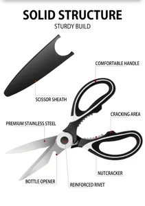 Kitchen scissors with stainless steel blade, bottle opener and protective case