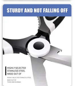 Detail of sturdy pivot and sharp serrated stainless steel blades for kitchen shears