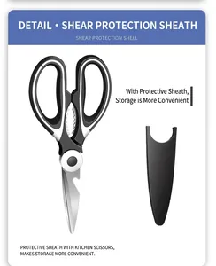 Detail view of multifunctional kitchen shears with ergonomic handle and protective black sheath