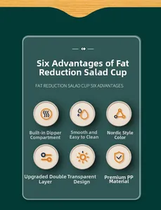 Detail view of double-layer salad cup featuring PP material and built-in sauce container