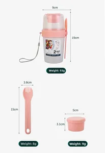 Pink portable dual-layer 500ml+300ml salad cup with sauce container and long fork