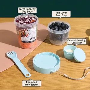 Portable double-layer blue salad cup with 800ml capacity, fork spoon and sauce container