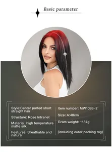 Detailed specs of 48cm red ombre shoulder-length straight synthetic wig with rose net
