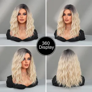 360-degree view of brown to blonde ombre medium wavy wig with side bangs and highlights