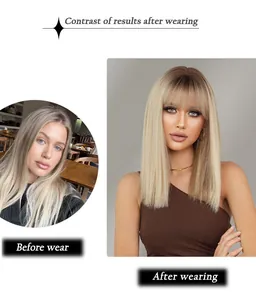 Vue détaillée comparative de la perruque longue et lisse blond platine avec frange