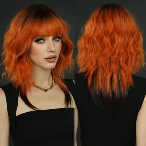 Detail view of wavy orange and black gradient wig with bangs for cosplay parties