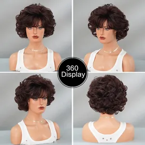360-degree view of women's short brown curly pixie wig showing layered texture and style