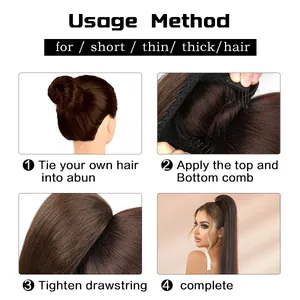 Step-by-step guide showing how to secure the drawstring ponytail extension with combs