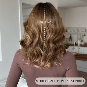 Detail view of 16-inch long wavy brown wig with 41cm length measurement guide