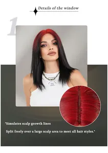 Detail showing simulation scalp design on a red and black gradient shoulder-length wig