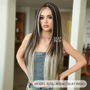Long straight brown hair wig with blonde highlights 83cm length for fashionable women