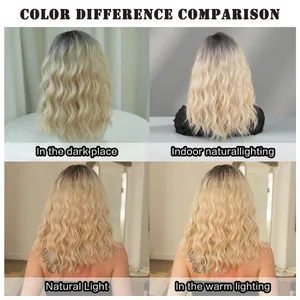 Comparison of golden blonde wavy wig hair color under four different lighting conditions