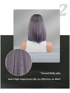 Detail der matten Hochtemperatur-Seidentextur dieser lila Ombre-Bob-Perücke