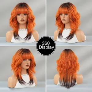 360-degree display of orange and brown gradient wavy wig with full bangs for parties