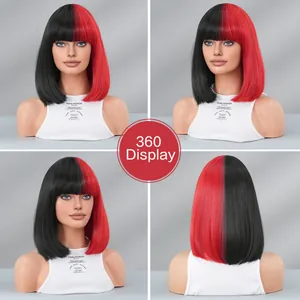 Vista a 360 della parrucca bob metà nera e metà rossa con frangia per feste