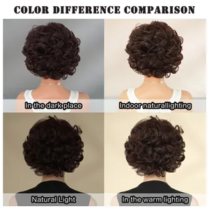 Dark brown short curly pixie wig color comparison under different lighting environments