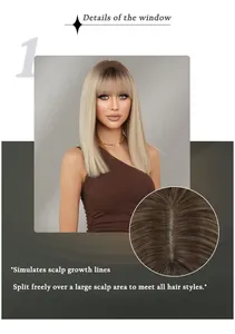 Détail d'une perruque synthétique dorée avec cuir chevelu simulé et texture de cheveux