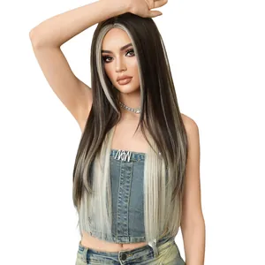 Long straight dark brown wig with platinum blonde money piece highlights for women