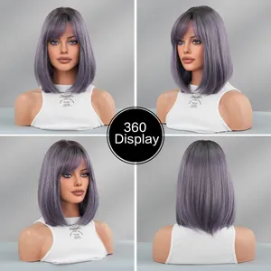360-Grad-Ansicht der kurzen Bob-Perücke mit Pony und grau-violettem Farbverlauf