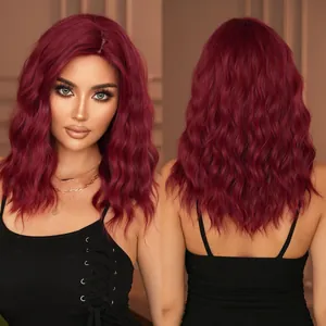 Shoulder-length wavy burgundy hair wig with natural side-swept bangs for women