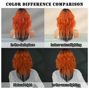 Comparison of orange to black ombre wavy wig texture under four different lighting conditions