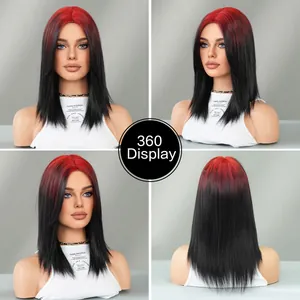 360-degree view of women's shoulder-length straight wig in ombre red and black gradient