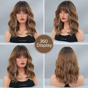 360-degree view of brown ombre wavy wig with bangs shown from four distinct angles