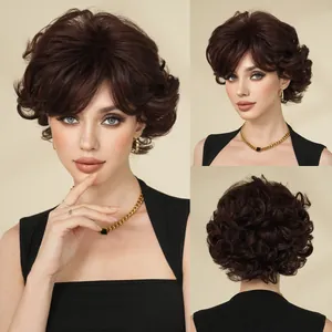 Short Curly Wig For Women Synthetic Heat Resistant Shaggy Layered Retro Hair Wig With Side Bangs Natural Looking Hairpiece