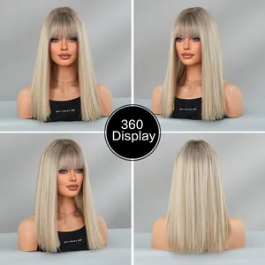 Vue détaillée à 360 degrés d'une perruque blonde droite mi-longue avec frange