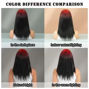Red ombre straight wig shown in different lighting conditions from dark to natural light