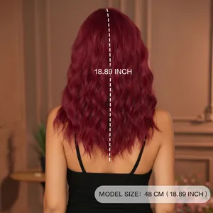 Detail view of 18.89 inch wavy burgundy wig showing natural back texture and hair fiber