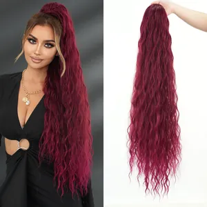 36-inch long water wave drawstring ponytail extension in stylish burgundy red for women