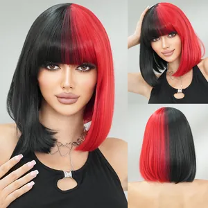 Parrucca Bob Bicolore Nero E Rosso Con Frangia Capelli Sintetici Corti Lisci Resistenti Al Calore Per Halloween Cosplay Festa Donna