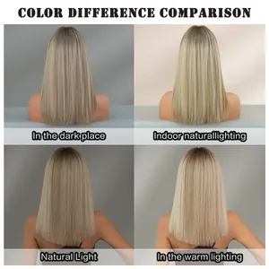 Comparaison de couleur de perruque blond cendré sous différentes lumières et environnements
