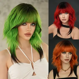 Wolf Cut Ombre Wig Green Orange Red Wavy Synthetic Heat Resistant Hair With Bangs For Women Y2K Party Carnival Styling