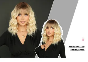 Detail of shoulder-length ombre blonde wavy wig with bangs showing texture and color gradient