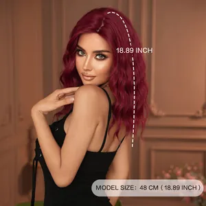 Detail view of 18.89 inch wavy wine red synthetic hair wig with shoulder length curls