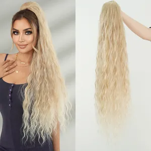 Extra long 36 inch platinum blonde water wave ponytail extension for women fashion