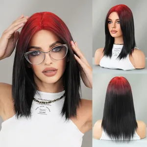 Women Ombre Red Black Shoulder Length Straight Wig Synthetic Heat Resistant Hair For Party Daily Comic Fashion Wig