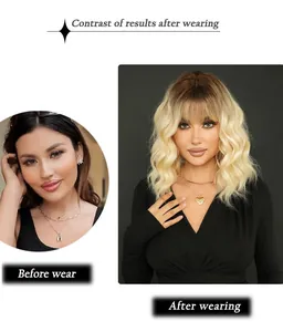 Before and after contrast showing the transformation of wavy blonde ombre wig with bangs