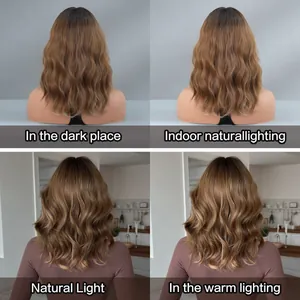 Brown ombre wavy wig color comparison in four different lighting conditions